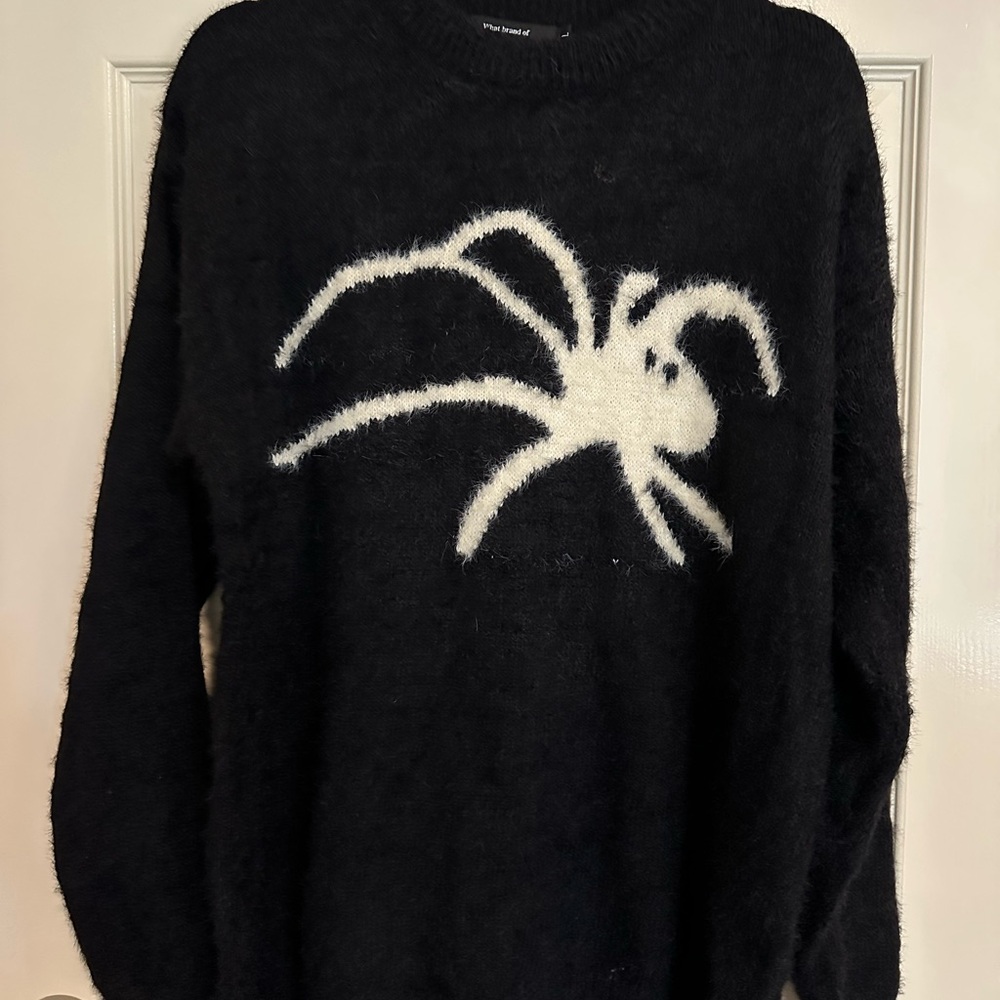 Black Fuzzy Sweater with White Spider Design - Women’s - Size Large - SO FUN!🕷️